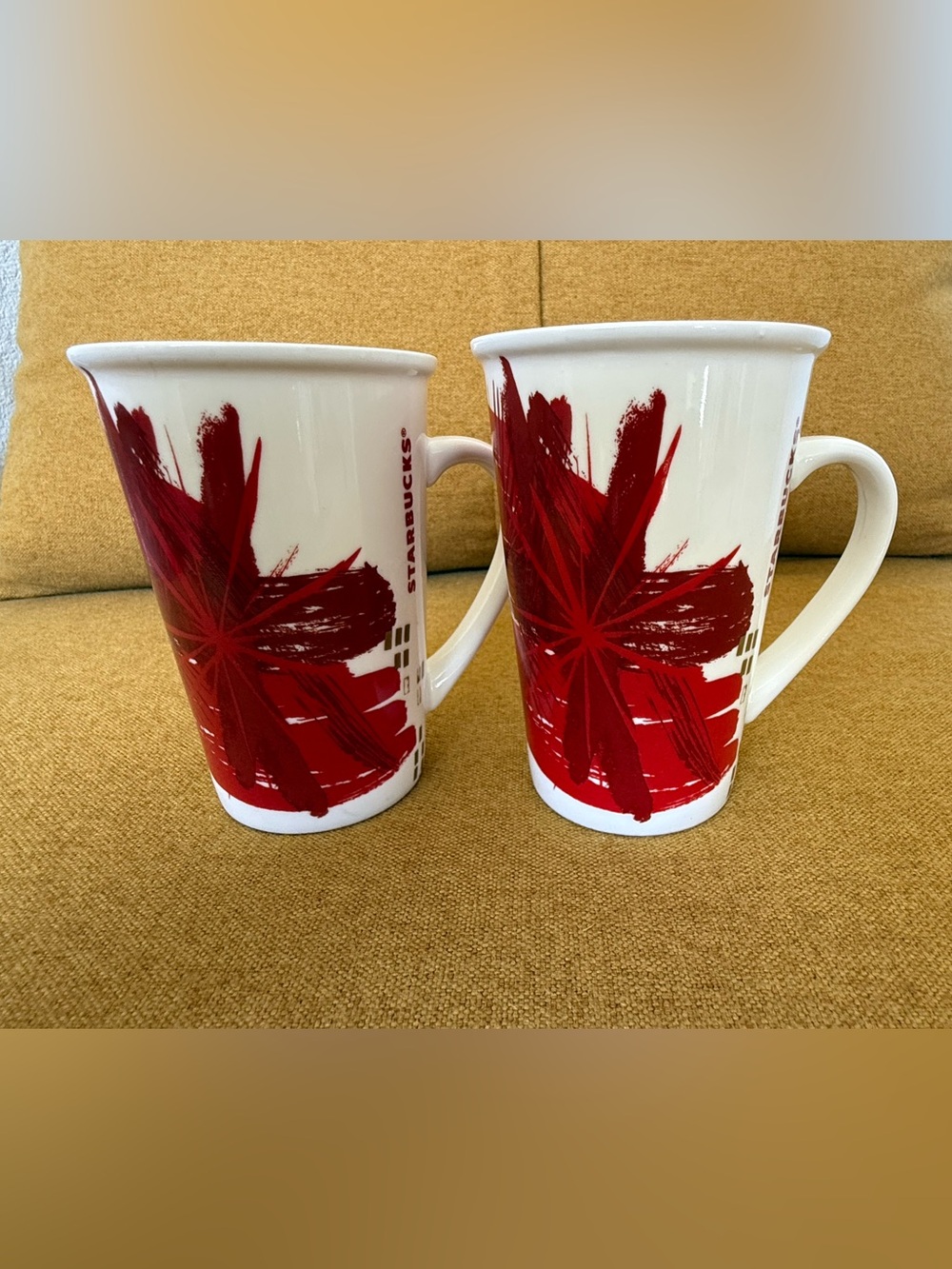 Starbucks Red Floral Coffee Mugs Set of 2 Tall Latte Cups 2014 12oz